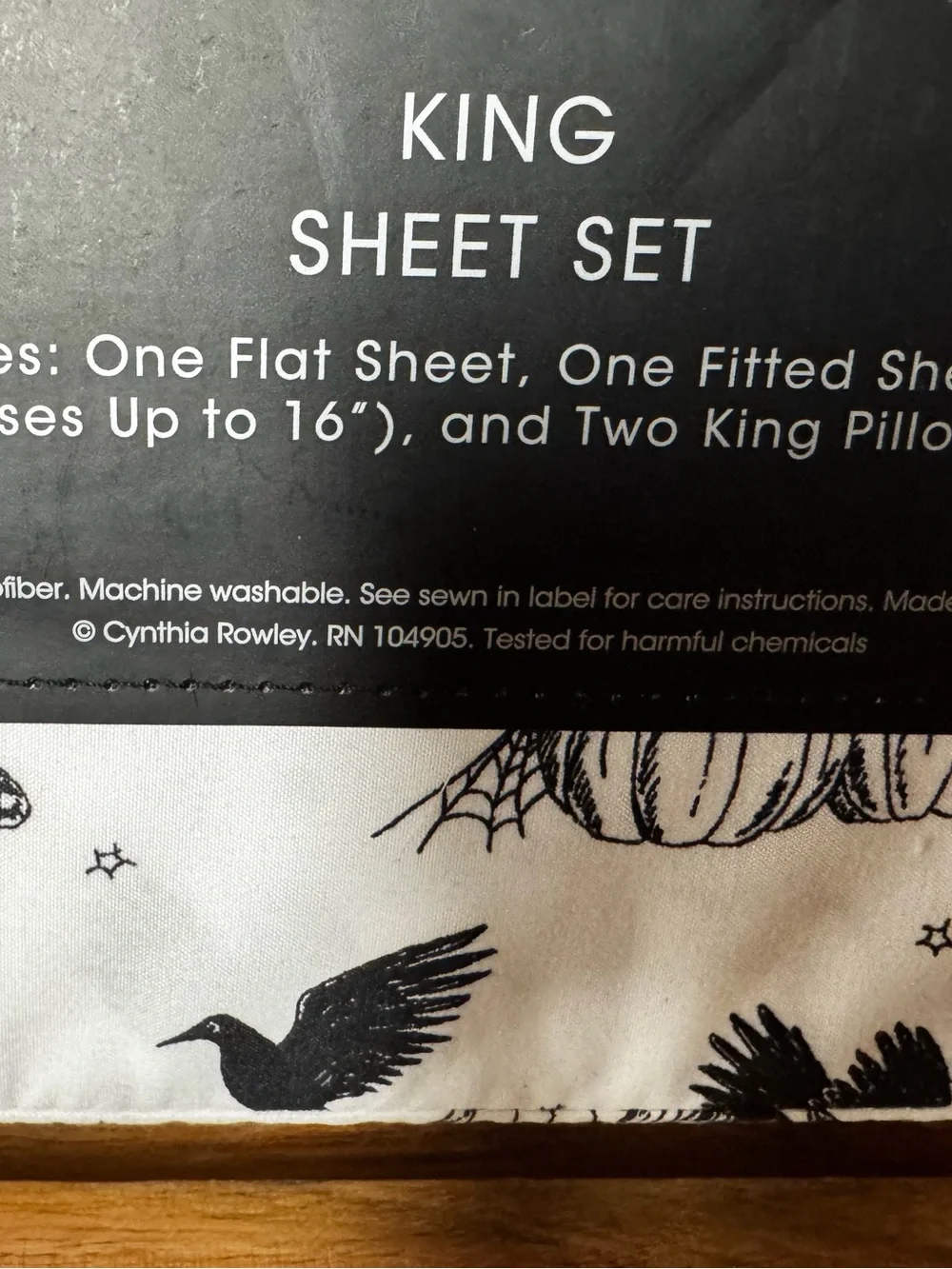 CYNTHIA ROWLEY King Sheet Set Halloween Haunted Toile Cats Bats Black White 4PC